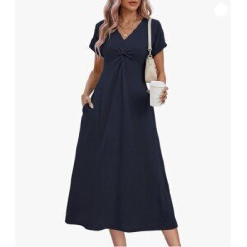 Navy Blue V-Neck Nursing Maternity Dress - Comfortable and Stylish