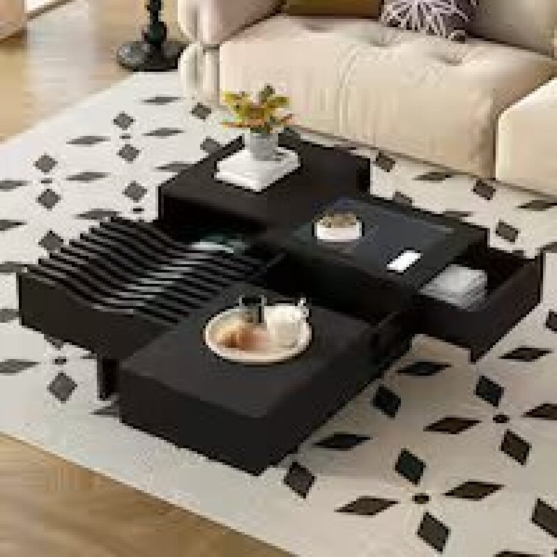 Stylish 33 in. Black Square Wood Coffee Table with Storage
