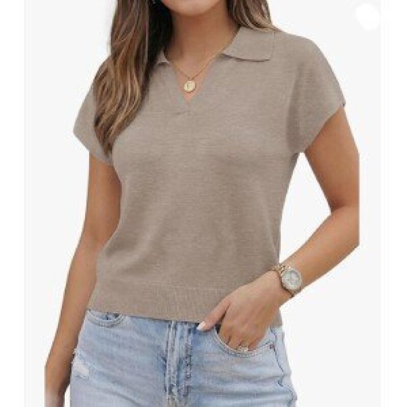 Elegant Taupe Short-Sleeve Knit Polo for Women