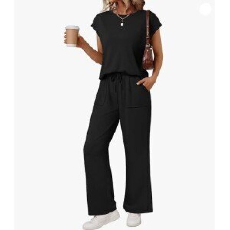 AUTOMET Women's Casual Short-Sleeve Wide-Leg Pants Set