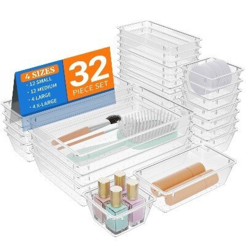 32-Piece Transparent Drawer Organizers - Ideal for Home and Office Storage