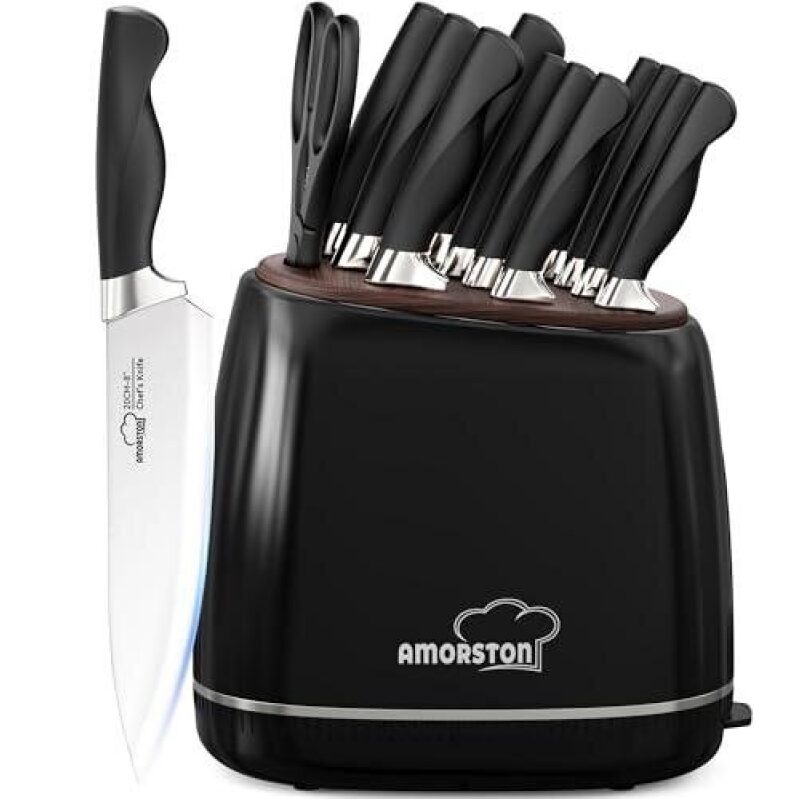 Amortson 14-Piece Stainless Steel Knife Set with Stone - Ergonomic Design