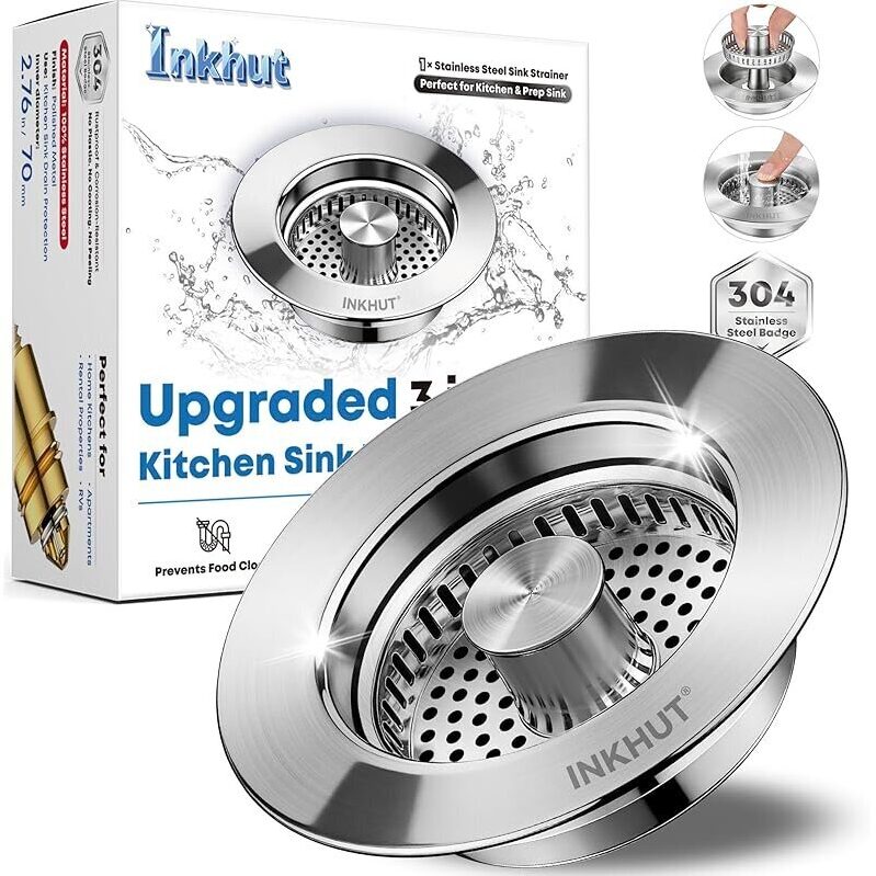 Inkhut 3-in-1 Kitchen Sink Drain Strainer - Stainless Steel, Prevents Food Clogs