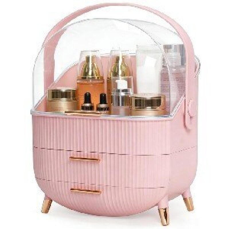 Elegant Pink Makeup Organizer with Clear Lid and Drawers