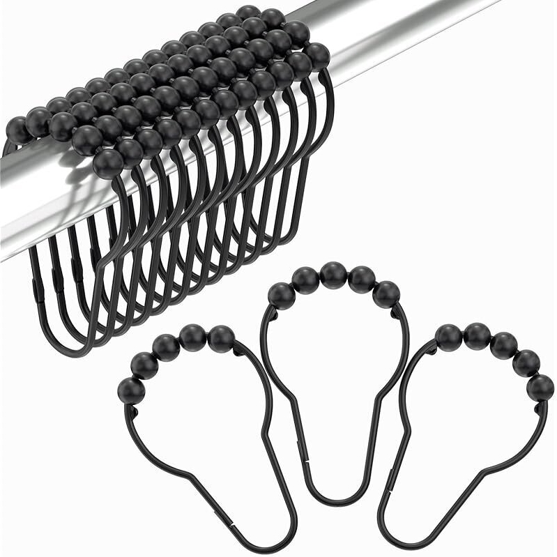 Heavy Duty Black Shower Curtain Hooks Set of 12 - Rust-Free, Long-Lasting