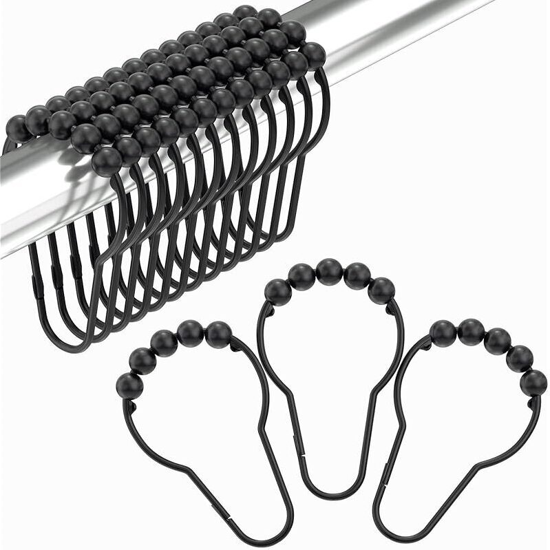 Heavy Duty Black Shower Curtain Hooks Set of 12 - Rust-Free, Long-Lasting