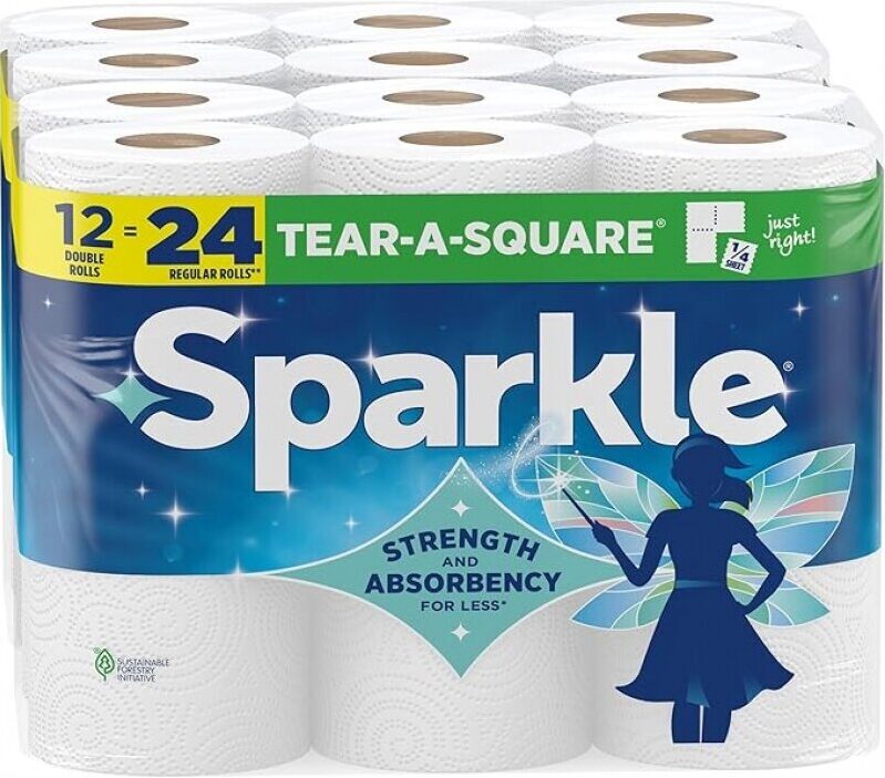 Sparkle Tear-A-Square Paper Towels - 12 Double Rolls, Strong 2-Ply for Kitchen and Home