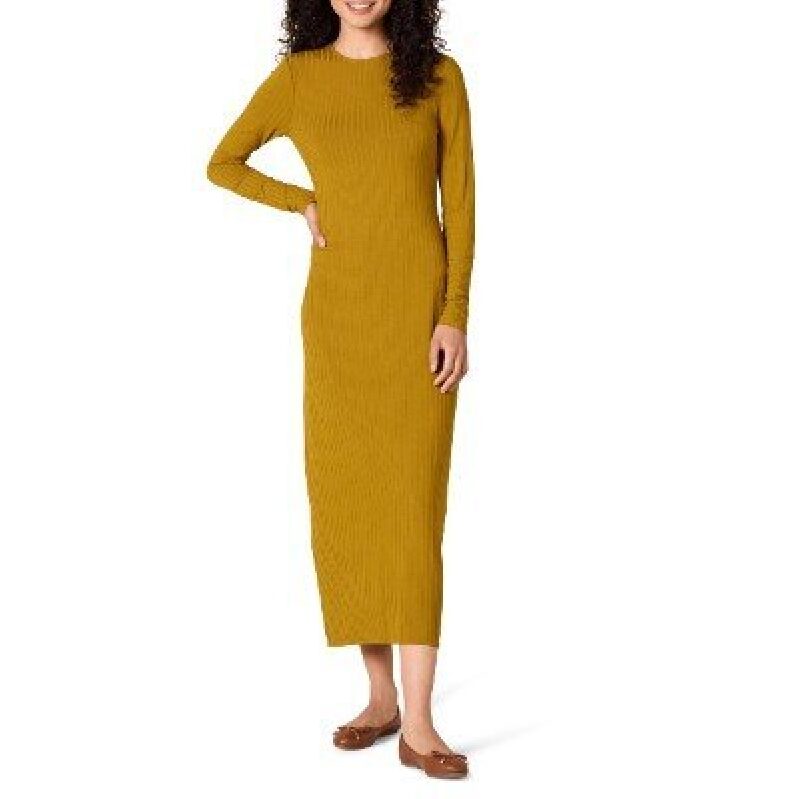 Mid-Length Ribbed Long-Sleeve Sheer Back Dress - Mustard Yellow