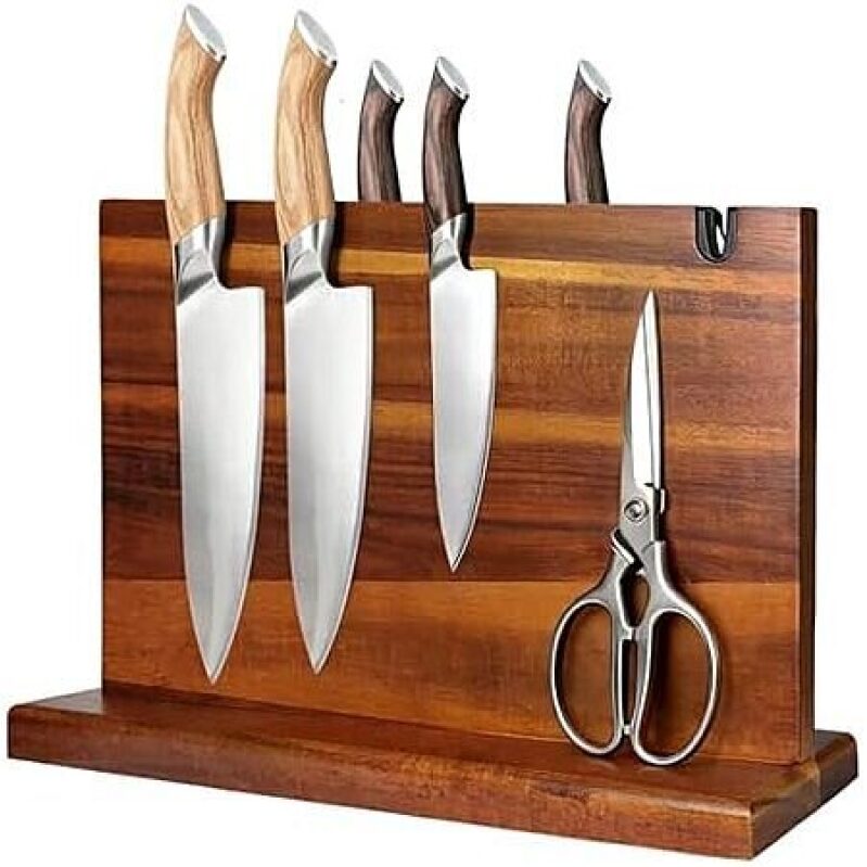 Didforu Acacia Wood Magnetic Knife Block with Built-In Sharpener - Premium Kitchen Utility