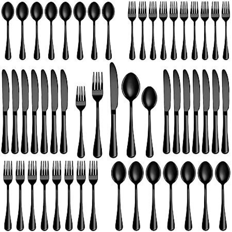 60-Piece Black Silverware Set - Elegant and Durable Flatware