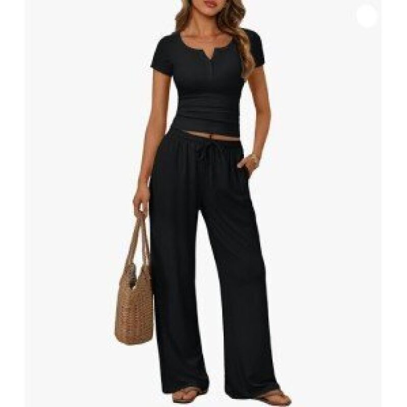 Chic Black Two-Piece Set: Casual Short-Sleeve Top & Wide-Leg Pants