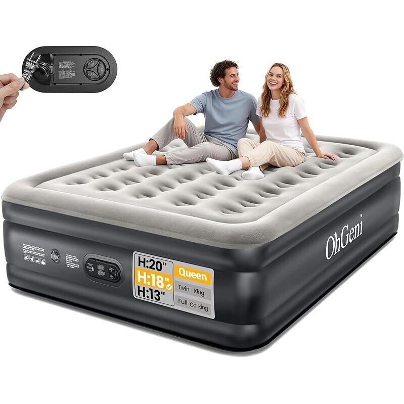 OhGeni Queen Air Mattress with Built-in Pump - Adjustable Firmness & Superior Portability