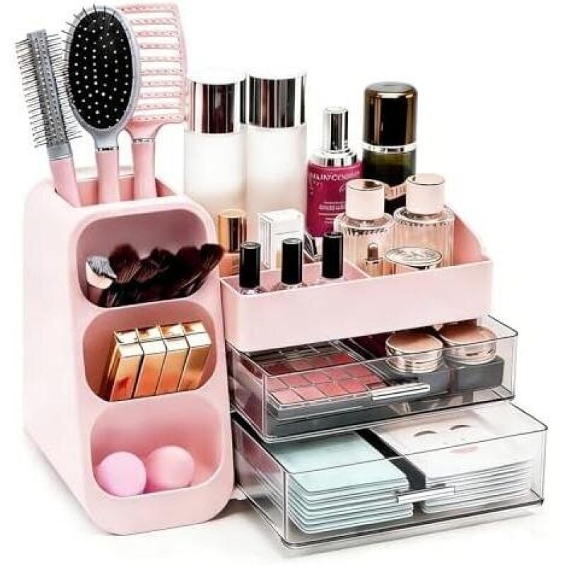 Elegant Pink Makeup Organizer with Brush Holder - 33% Discount