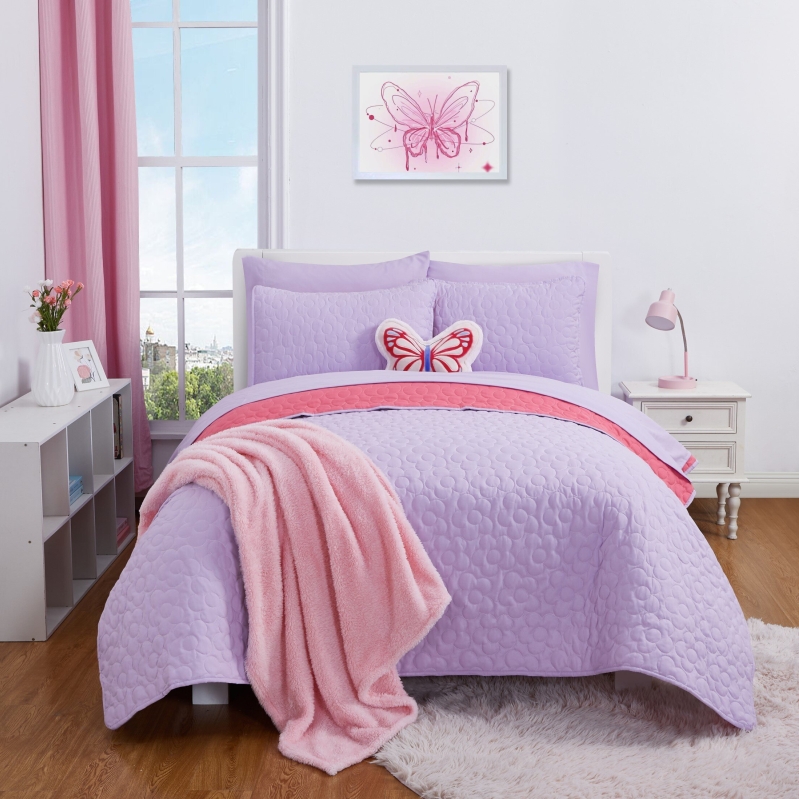 Purple and Pink Reversible Quilt Set - 7-Piece Bedding Collection