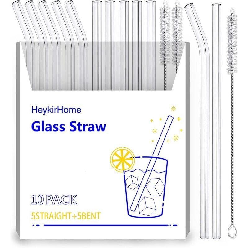 10-Pack HeykirHome Reusable Glass Straws - Ideal for Sustainable Drinking