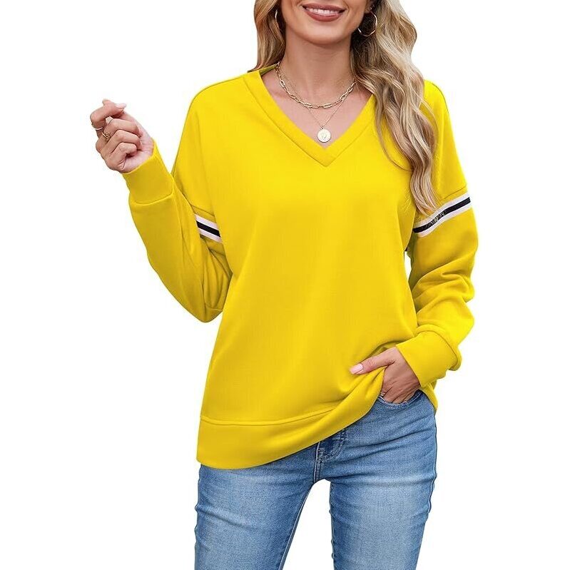 Quatrefox Womens Oversized Sweatshirts - Stylish V-Neck, Striped Long Sleeves