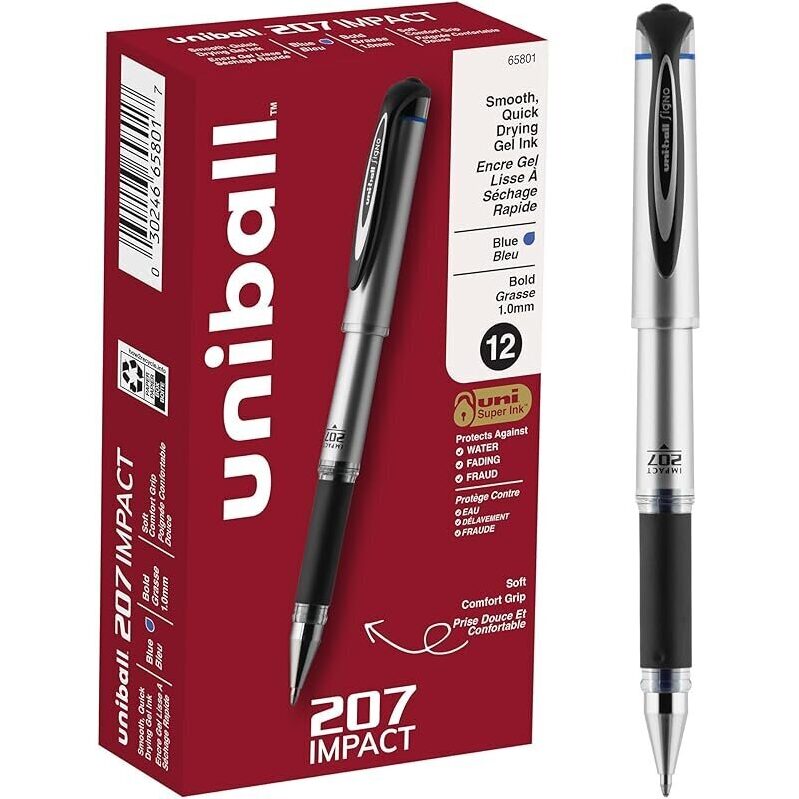 12pk Uni-ball 207 Impact Gel Pens 1.0mm Bold Point - High-Quality, Durable Writing Instruments