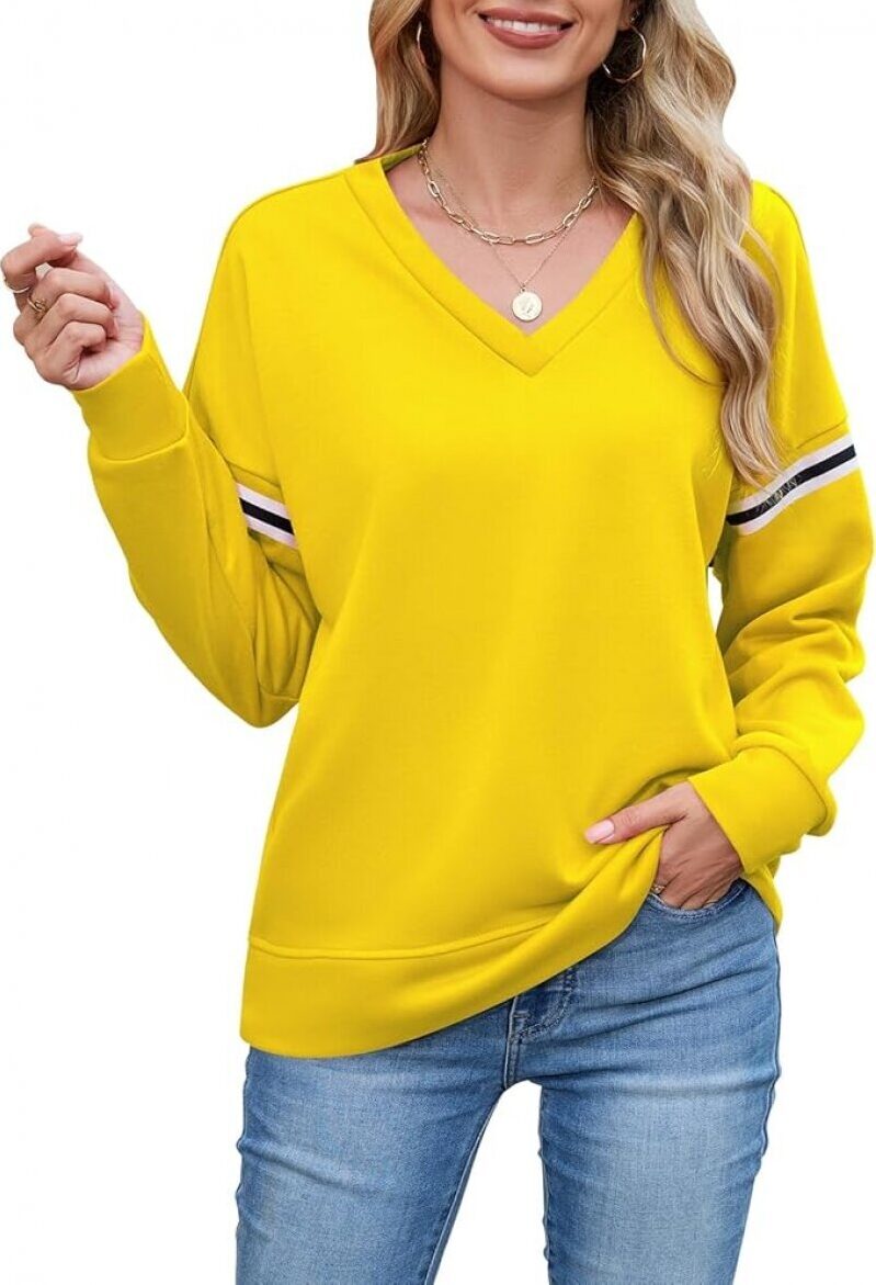 Affordable Women's Oversized Sweatshirts with V-Neck and Striped Sleeves - Fall Fashion