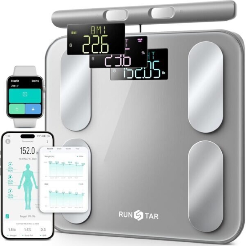 RunStar Digital Bathroom Scale: Accurate Weight, Body Fat, BMI, and 28 Measurements with Bluetooth Connectivity