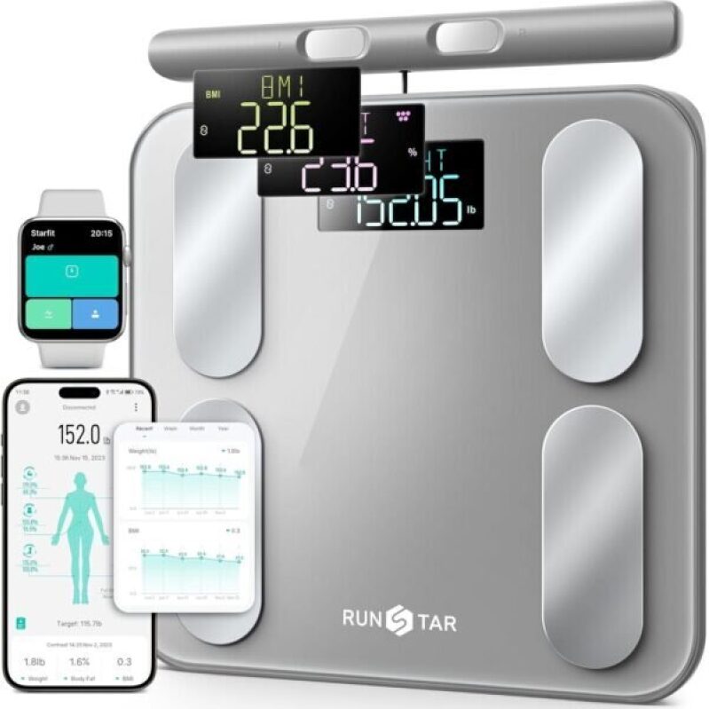 RunStar Digital Bathroom Scale: Accurate Weight, Body Fat, BMI, and 28 Measurements with Bluetooth Connectivity