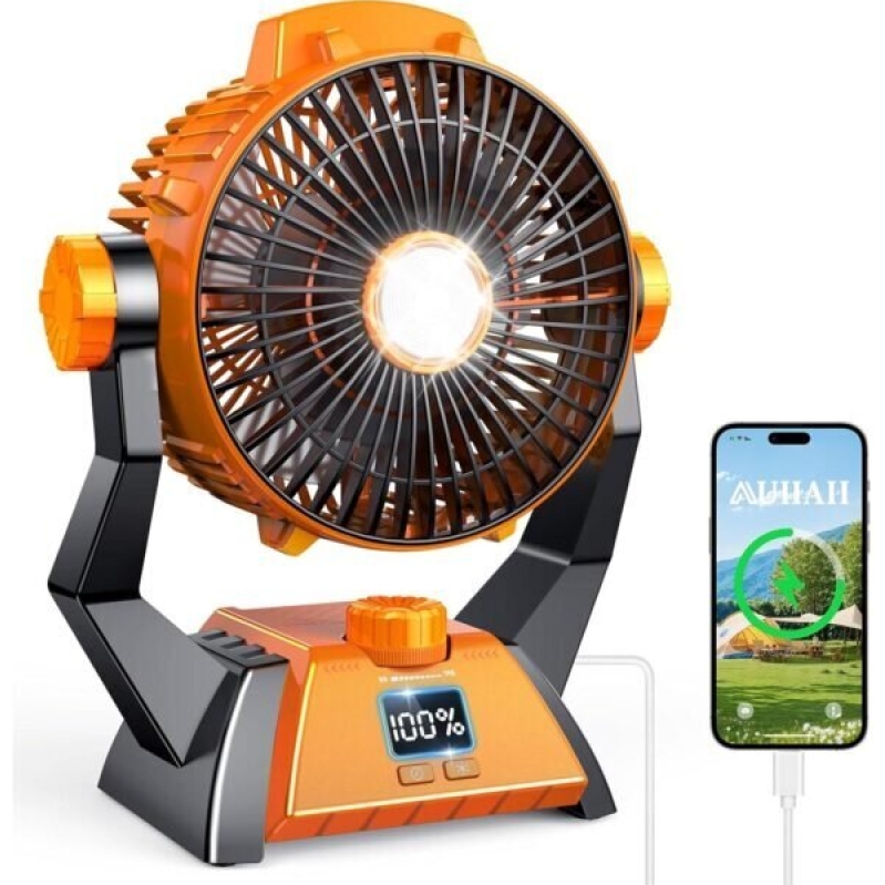 AUHAI Rechargeable Camping Fan - Ultra Quiet, LED Light, 360° Hook