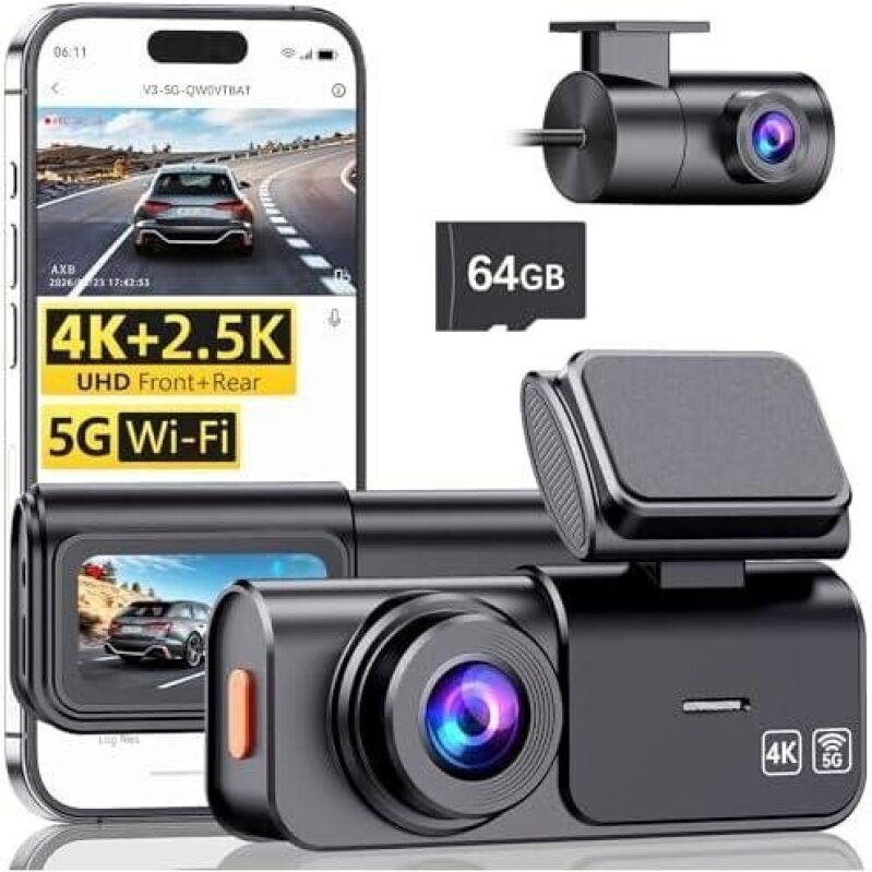 Affordable Dual Camera Dashcam with 4K+2.5K Resolution and 64GB Storage