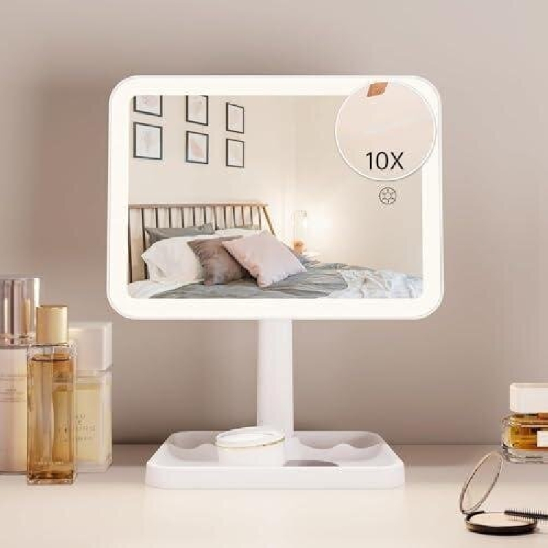FenTouch Makeup Mirror - 3 Color LED, 360° Rotatable, 10X Zoom, 2000mAh