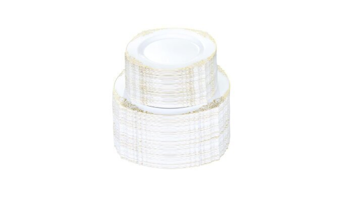 200 PCS White and Gold Plastic Plates for 100 Guests