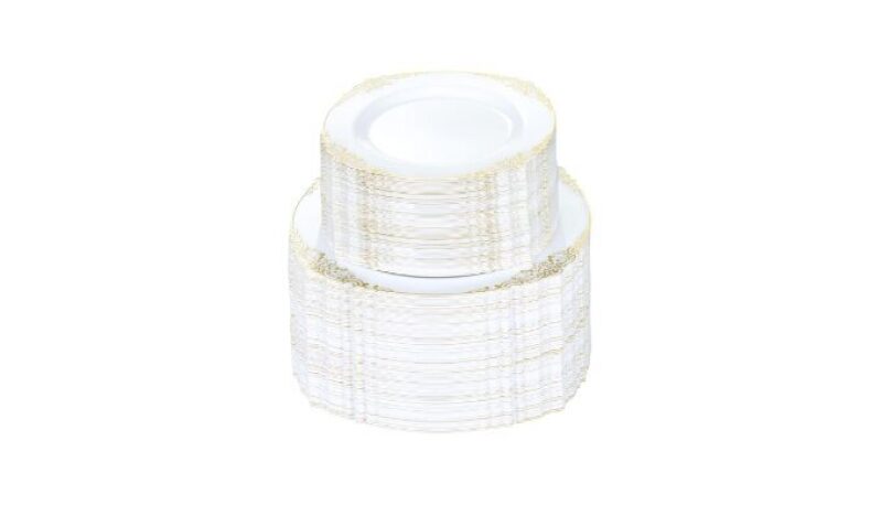 200 PCS White and Gold Plastic Plates for 100 Guests