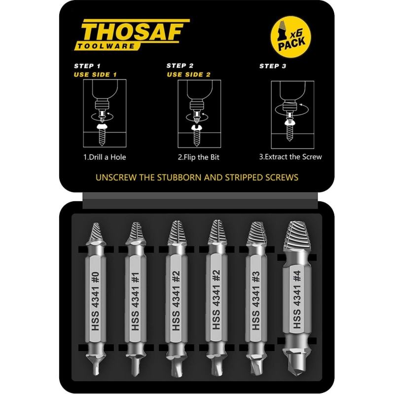 6-Piece Damaged Screw Extractor Set by THOSAF - Essential DIY Tool for Men