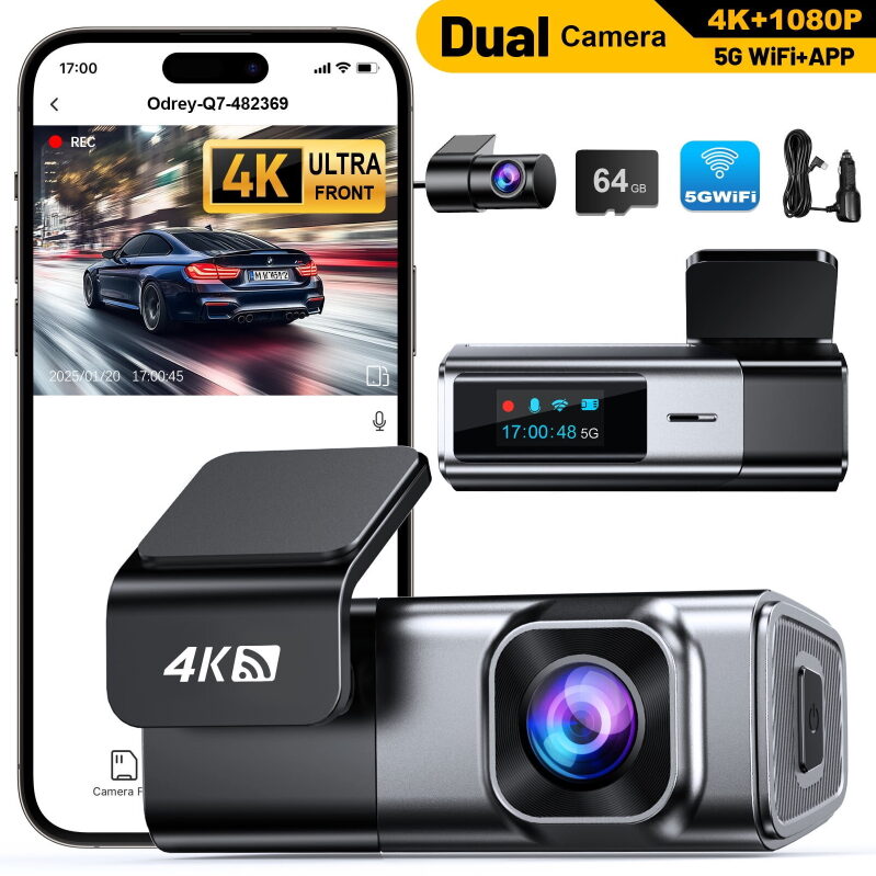 Odrey 4K Front and 1080P Rear Dash Camera with 5G, WiFi, 64GB Card