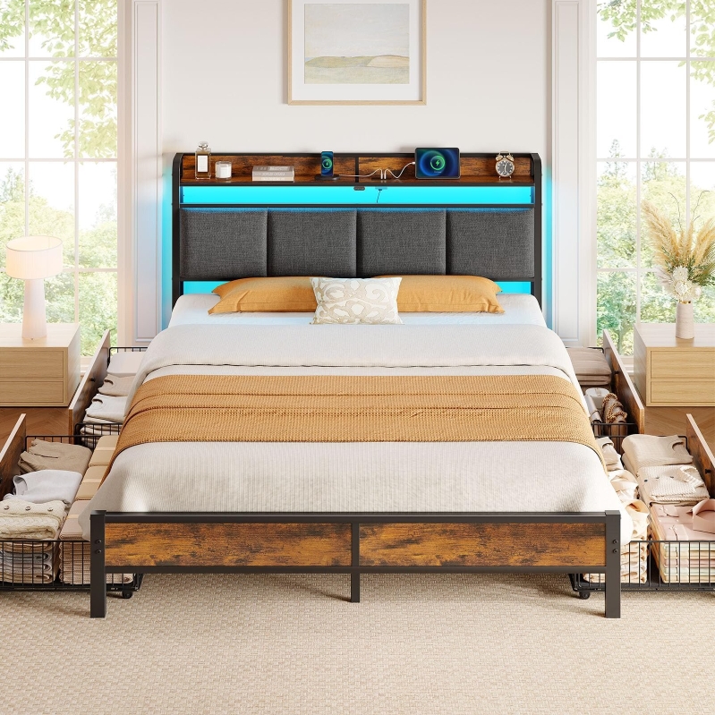 Rolanstar Full Size Bed Frame with RGB LED Bookcase Headboard - Smart Storage & Lighting