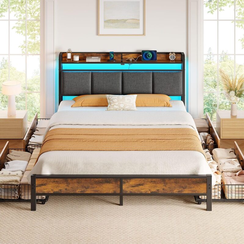 Rolanstar Full Size Bed Frame with RGB LED Bookcase Headboard - Smart Storage & Lighting