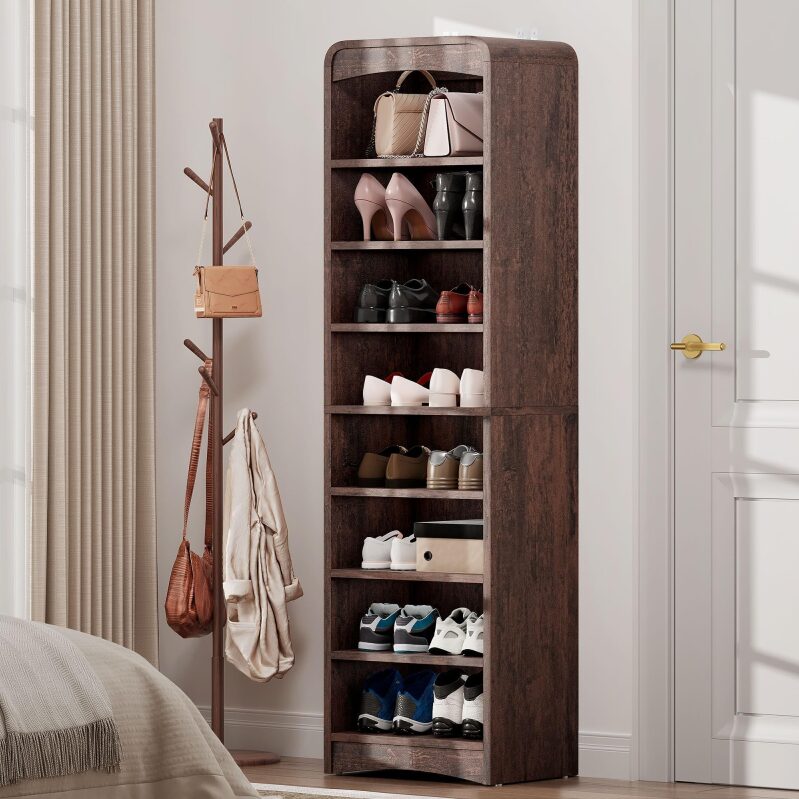 Tall Shoe Cabinet, 8 Tiers 16 Pairs Wooden Shoe Rack