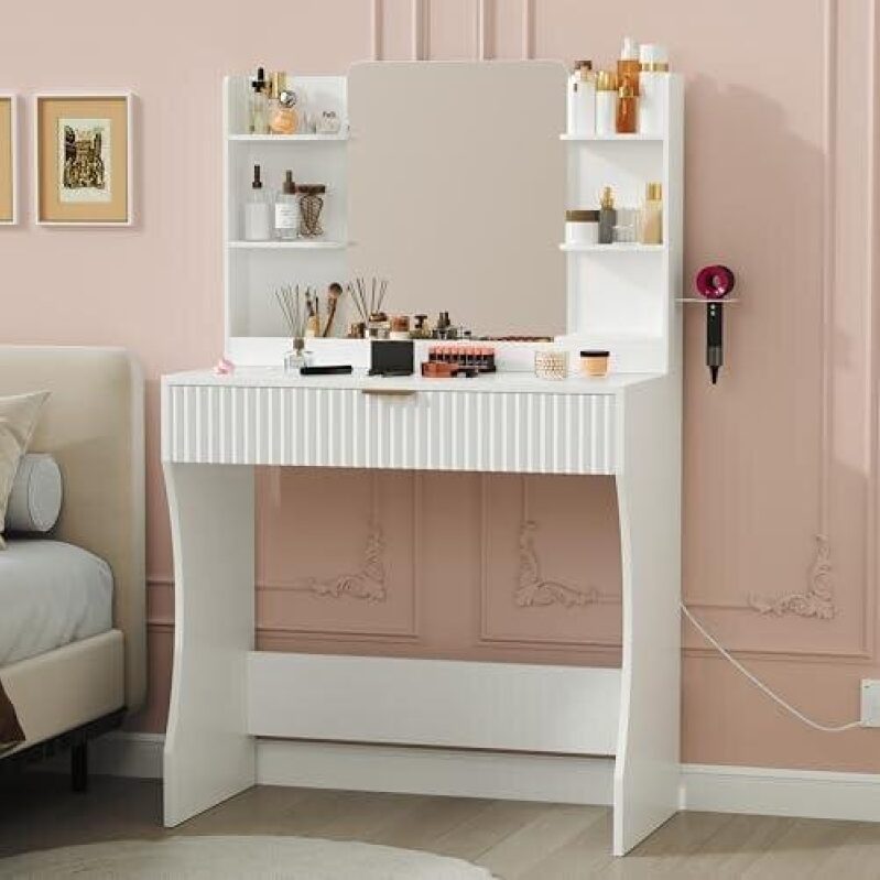 Elegant White Three-Tier Vanity with Drawer and Mirror - 50% OFF