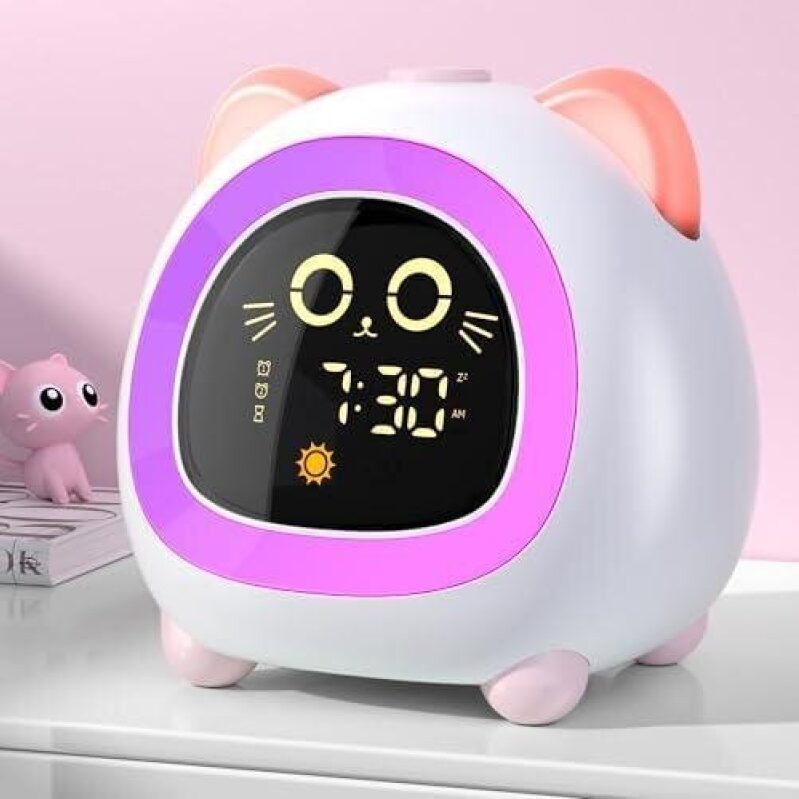 Night Light Alarm Clock for Kids - Pink Cat Design
