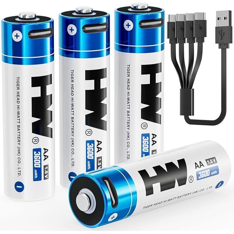4-Pack HW Rechargeable AA Lithium Batteries 1.5V 3600mWh - High-Capacity Rechargeable Batteries