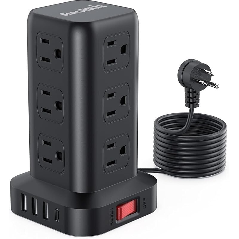 10-ft 12-Outlet Surge Protector Power Strip Tower with 4x USB Ports