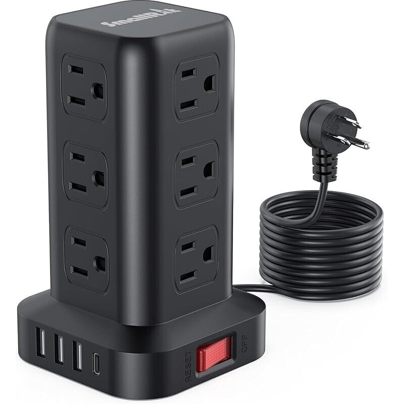 10-ft 12-Outlet Surge Protector Power Strip Tower with 4x USB Ports