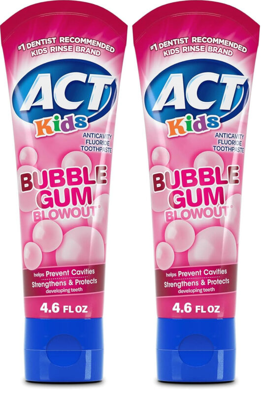 ACT Kids Fluoride Toothpaste - Bubble Gum Blowout, 4.6 oz Each, 2 Pack
