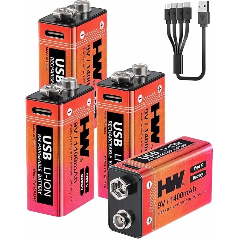 4-Pack 9V 1400mAh Rechargeable Lithium Batteries with USB-C Cable