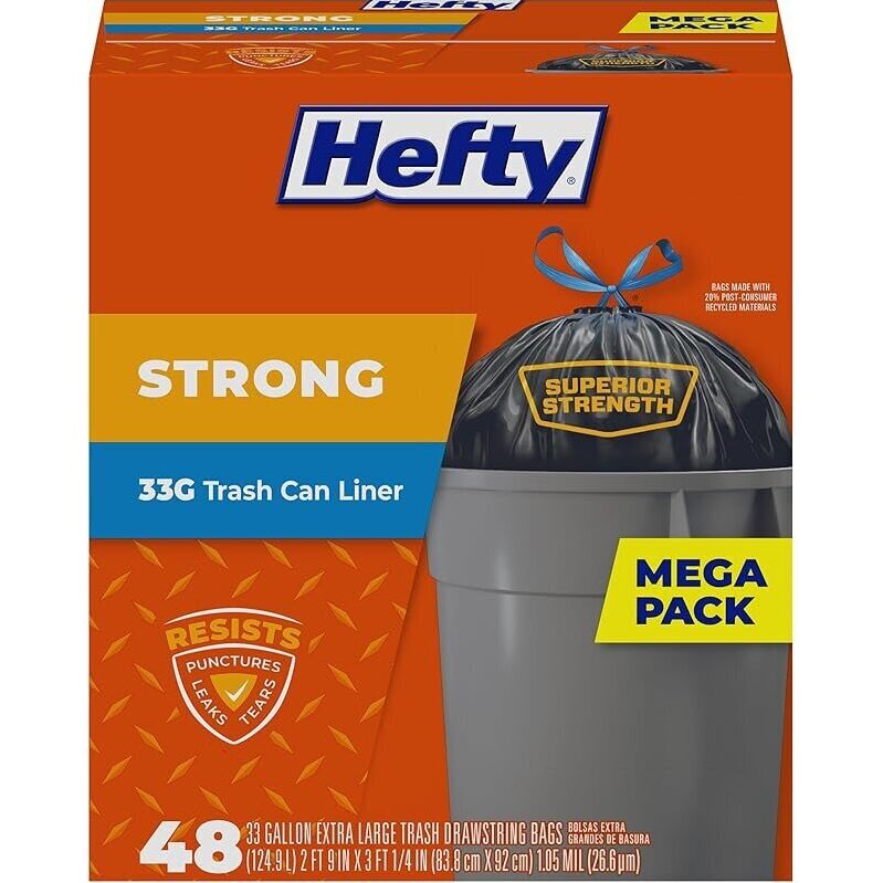 Hefty Strong Lawn & Leaf Trash Bags, 48 Count, 33-Gallon