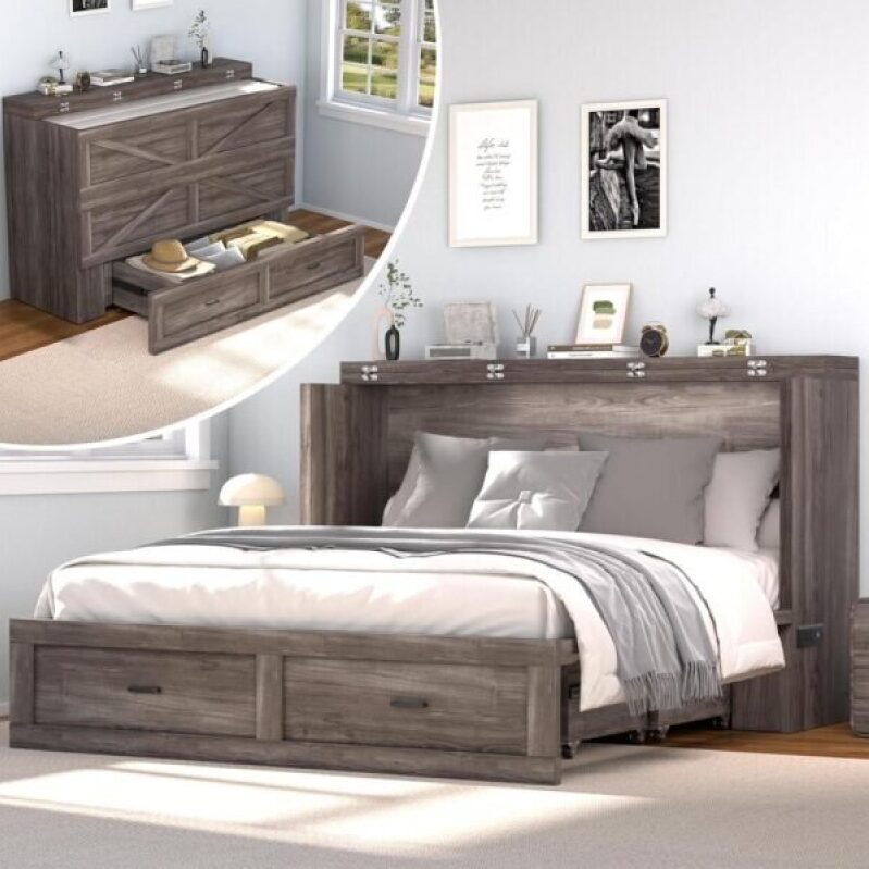Janiry Queen Size Murphy Bed with Charging Station - Ideal for Small Spaces