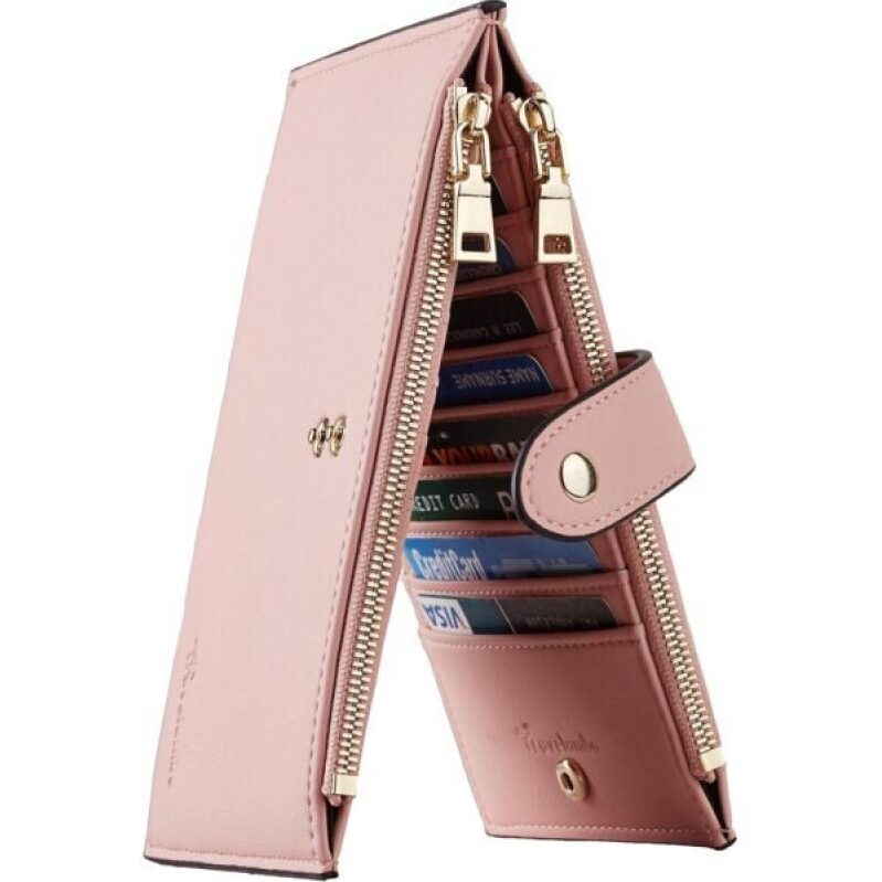 Travelambo Women's Wallet - Slim RFID Blocking Bifold Credit Card Holder with 16 Slots, 2 Zippered Pockets (Pink Lotus) - 50% Discount