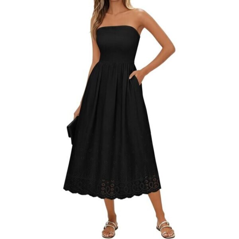 Strapless Tube Top Lace Trim A Line Beach Casual Long Dress in Black - 50% Off