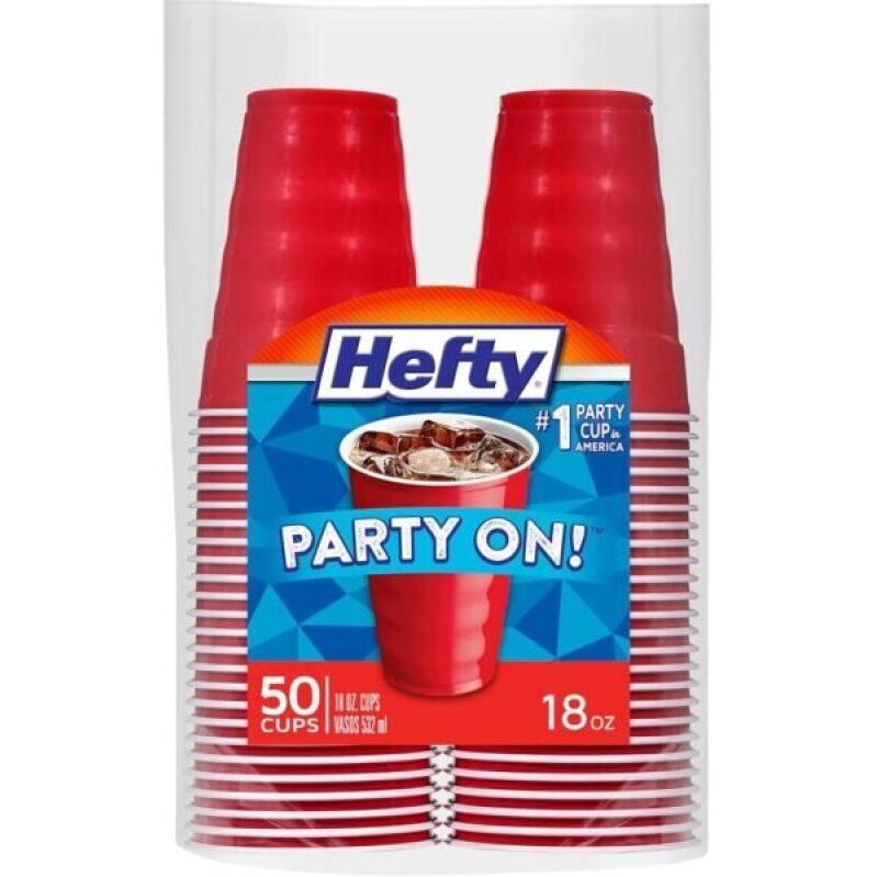 Hefty Party On Disposable Plastic Cups, 50 Count, 18 Oz Red Cups for Parties