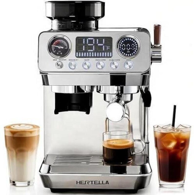 Hertella Espresso Machine with Grinder - 20 Bar Pressure