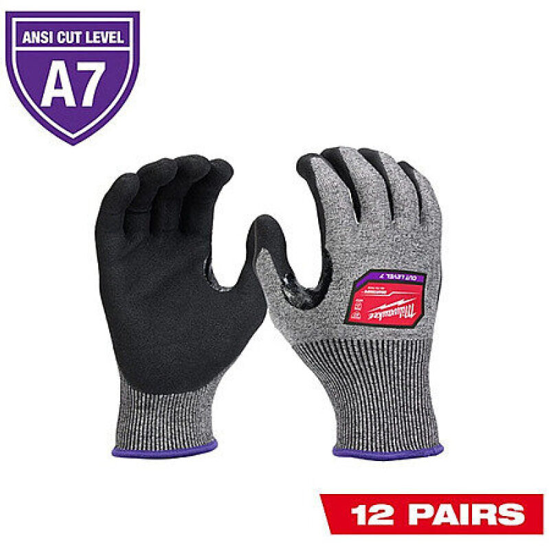 Milwaukee Cut Protection Dipped Gloves - A7 Level, 12 Pairs, Medium