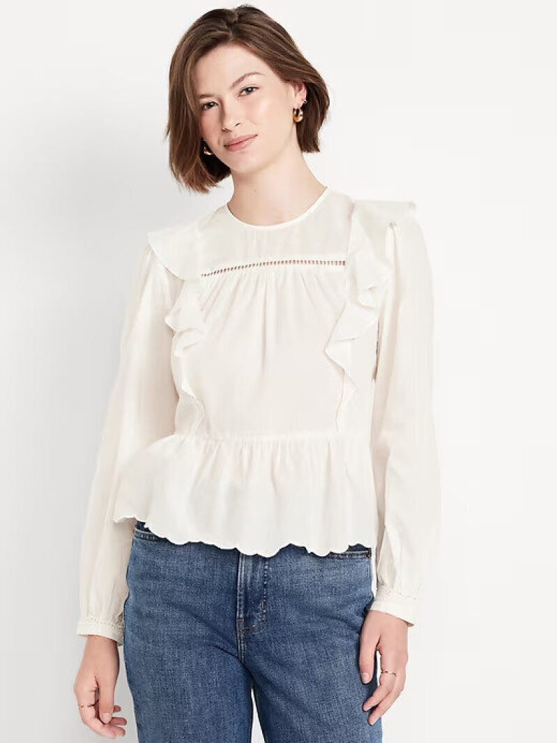 Stylish Ruffle-Trim Blouse with Elbow-Length Sleeves - Now at $6.97!