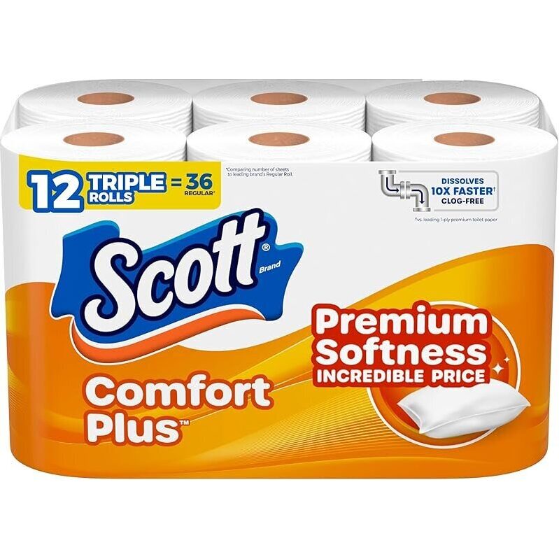Scott ComfortPlus Toilet Paper - 12-Count, Triple-Layer, Premium Softness
